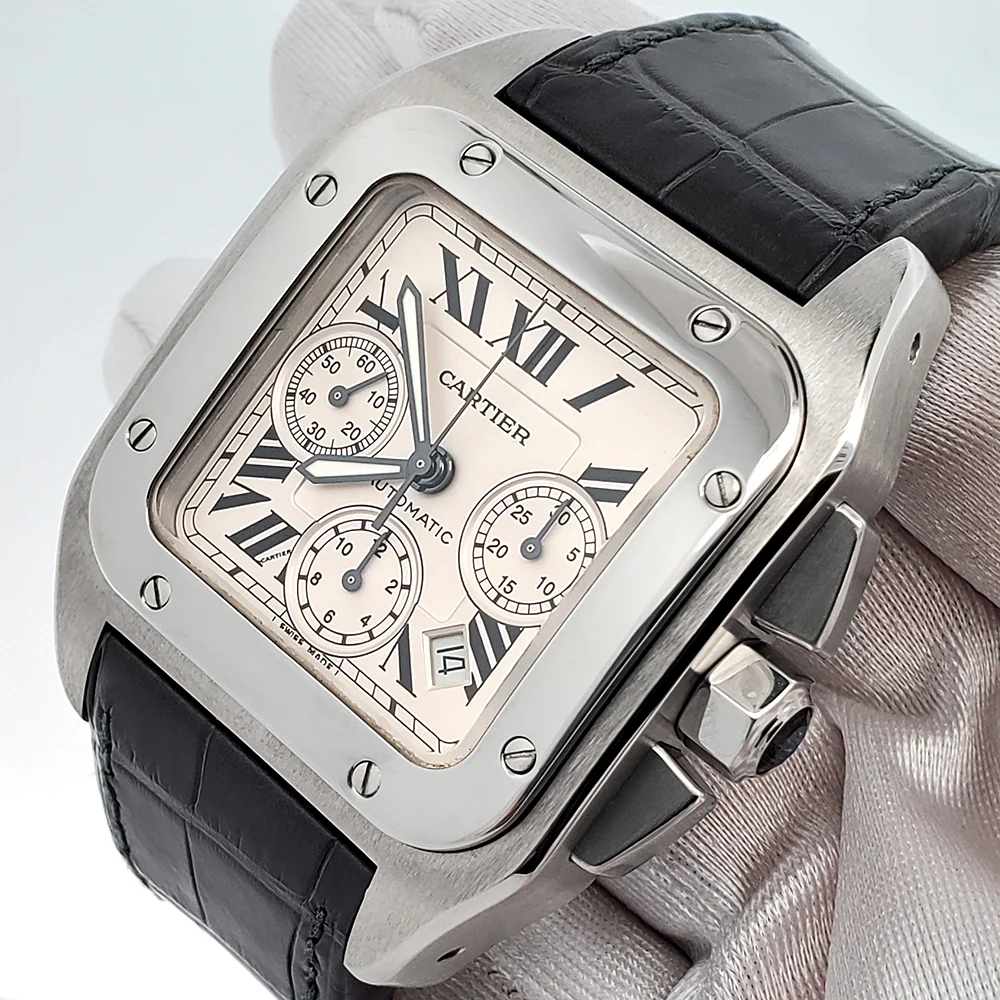 Mint Cartier Santos 100 XL Chronograph White Roman Dial Steel Watch W20090X8 2740
