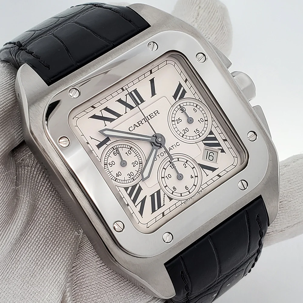 Mint Cartier Santos 100 XL Chronograph White Roman Dial Steel Watch W20090X8 2740 Box Booklet - Image 2