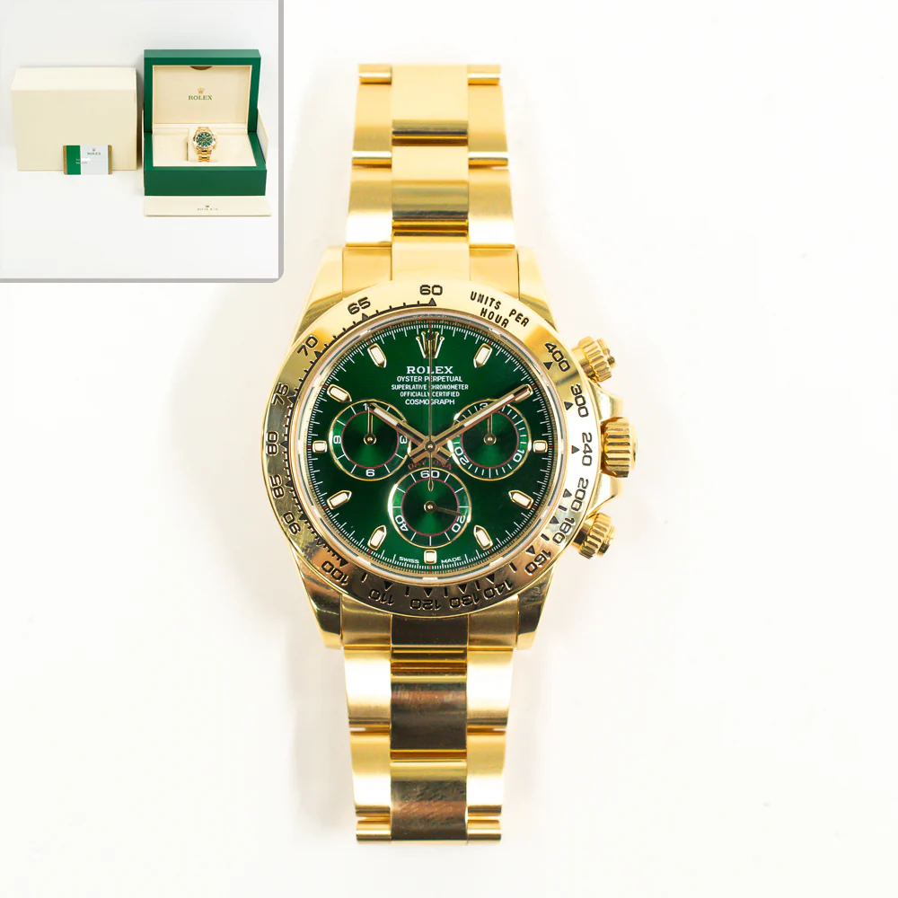 Mint Rolex Cosmograph Daytona 116508 40mm "John Mayer" Green Dial Yellow Gold Watch Box Papers