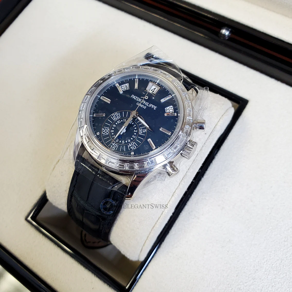 Patek Philippe 5961P 001 Complications Annual Calendar Blue Baguette Diamond Platinum Chronograph Watch Box Papers - Image 3
