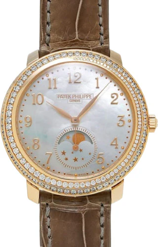 Patek Philippe Complications Diamond Ribbon Joaillerie Moon Phase Manual Winding Rose Gold Diamond Bezel 33.3mm White Mother of Pearl Dial Alligator Leather Strap | 4968R-001