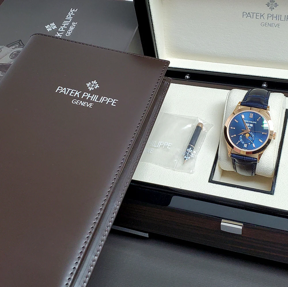 Patek Philippe Complications Moon Phase 5396R-015 Annual Calendar Blue Baguette Diamond Dial Rose Gold Watch Box Papers - Image 2