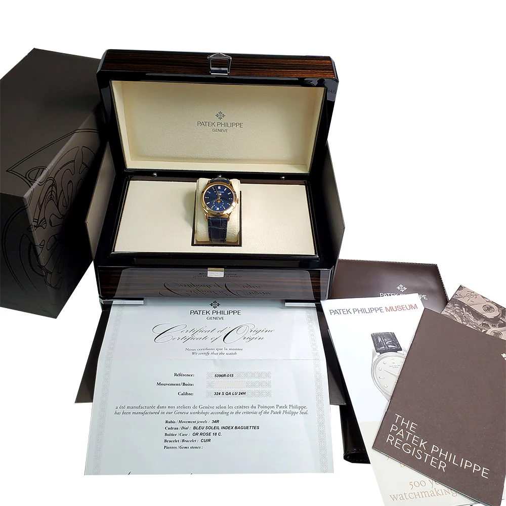 Patek Philippe Complications Moon Phase 5396R-015 Annual Calendar Blue Baguette Diamond Dial Rose Gold Watch Box Papers - Image 2