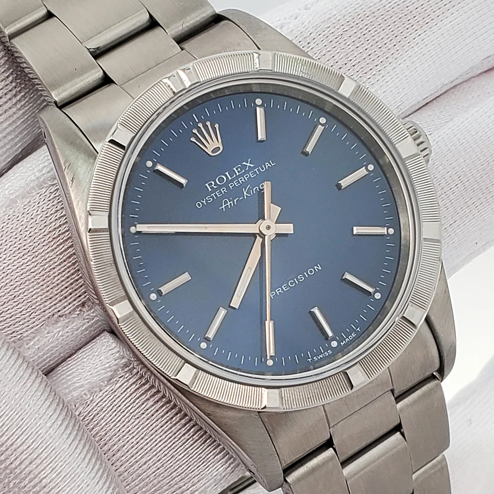 Rolex Air-King 34mm 14010 Blue Roman Dial Engine Turned Bezel Steel Oyster Watch - Image 2