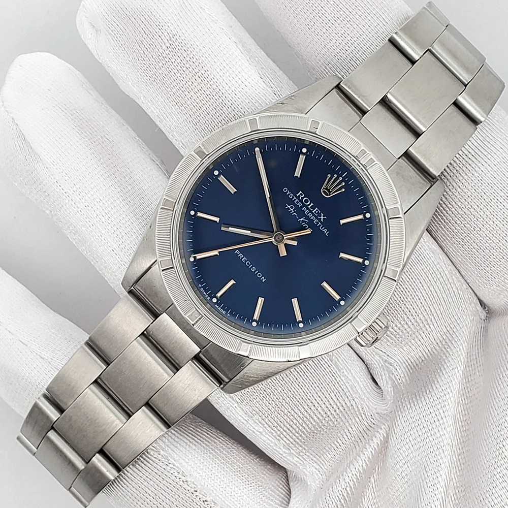 Rolex Air-King 34mm 14010 Blue Roman Dial Engine Turned Bezel Steel Oyster Watch - Image 3