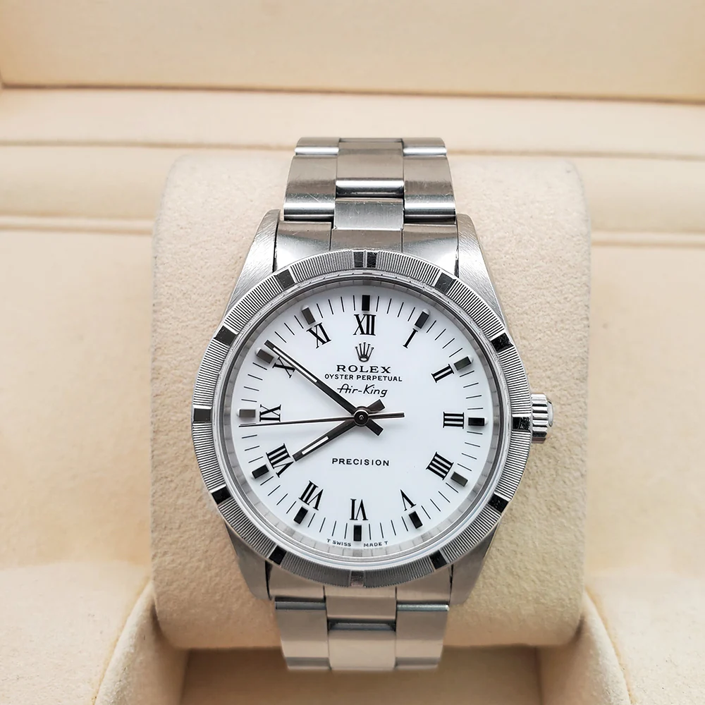 Rolex Air-King 34mm 14010 White Roman Dial Engine Turned Bezel Steel Oyster Watch - Image 3