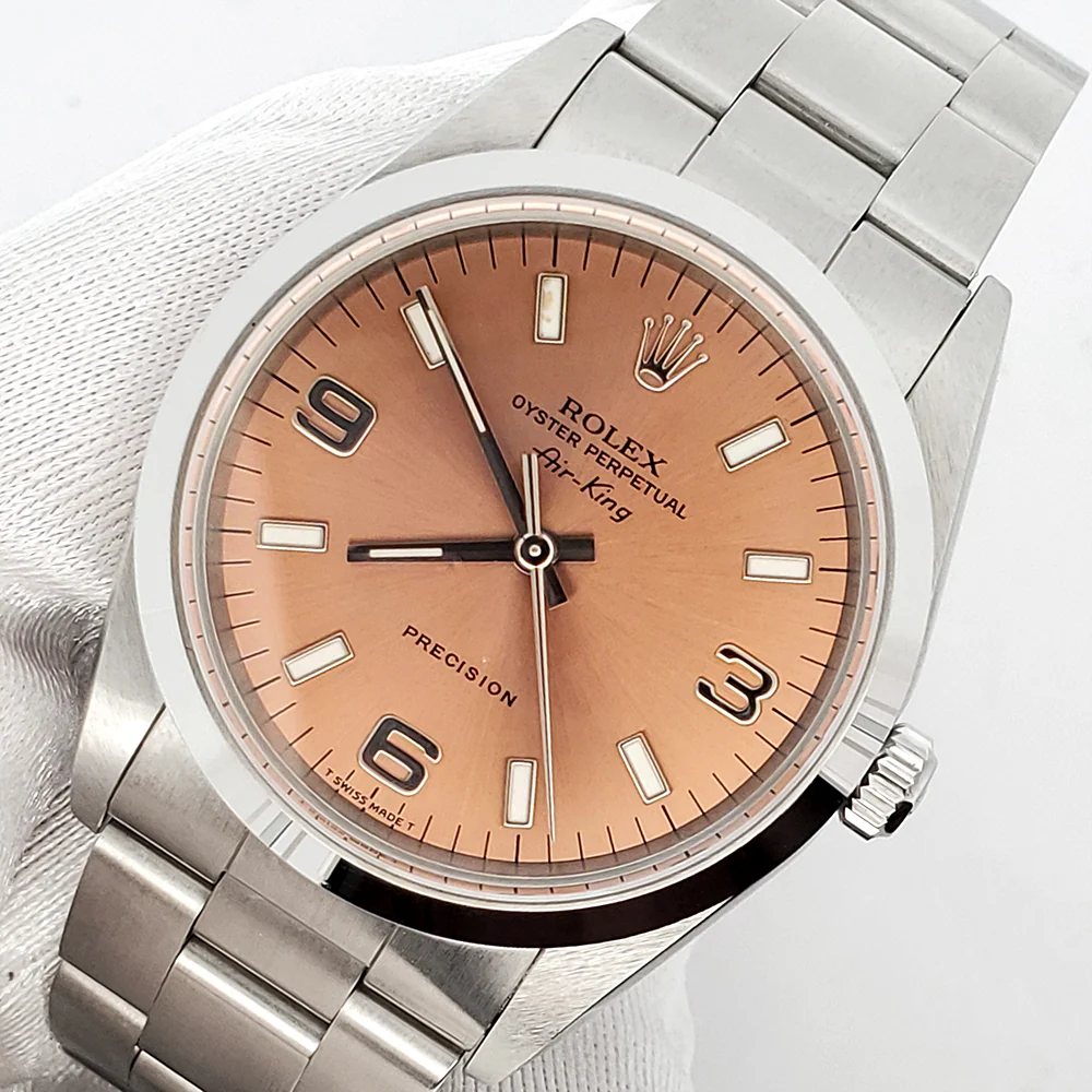 Rolex Air-King 34mm Salmon Dial Domed Bezel Stainless Steel Watch 14000 Box Papers