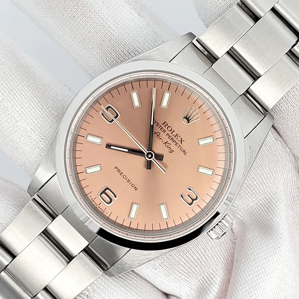 Rolex Air-King 34mm Salmon Index Arabic Dial Steel Watch 14000
