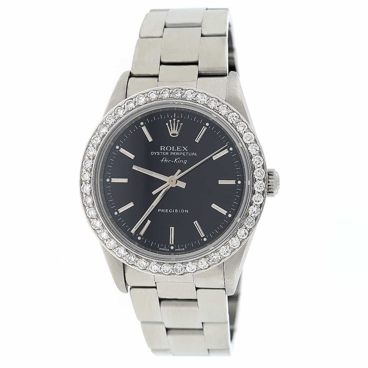 Rolex Air-King Black Dial 34MM Automatic Stainless Steel Watch with Custom Diamond Bezel 14000