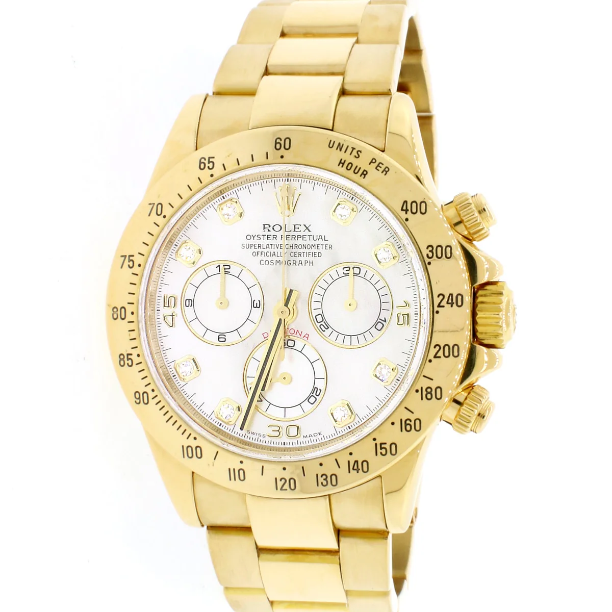 Rolex Cosmograph Daytona 18K Yellow Gold Factory White MOP Diamond Dial 40MM Automatic Mens Oyster Watch 116528 w/BoxPapers