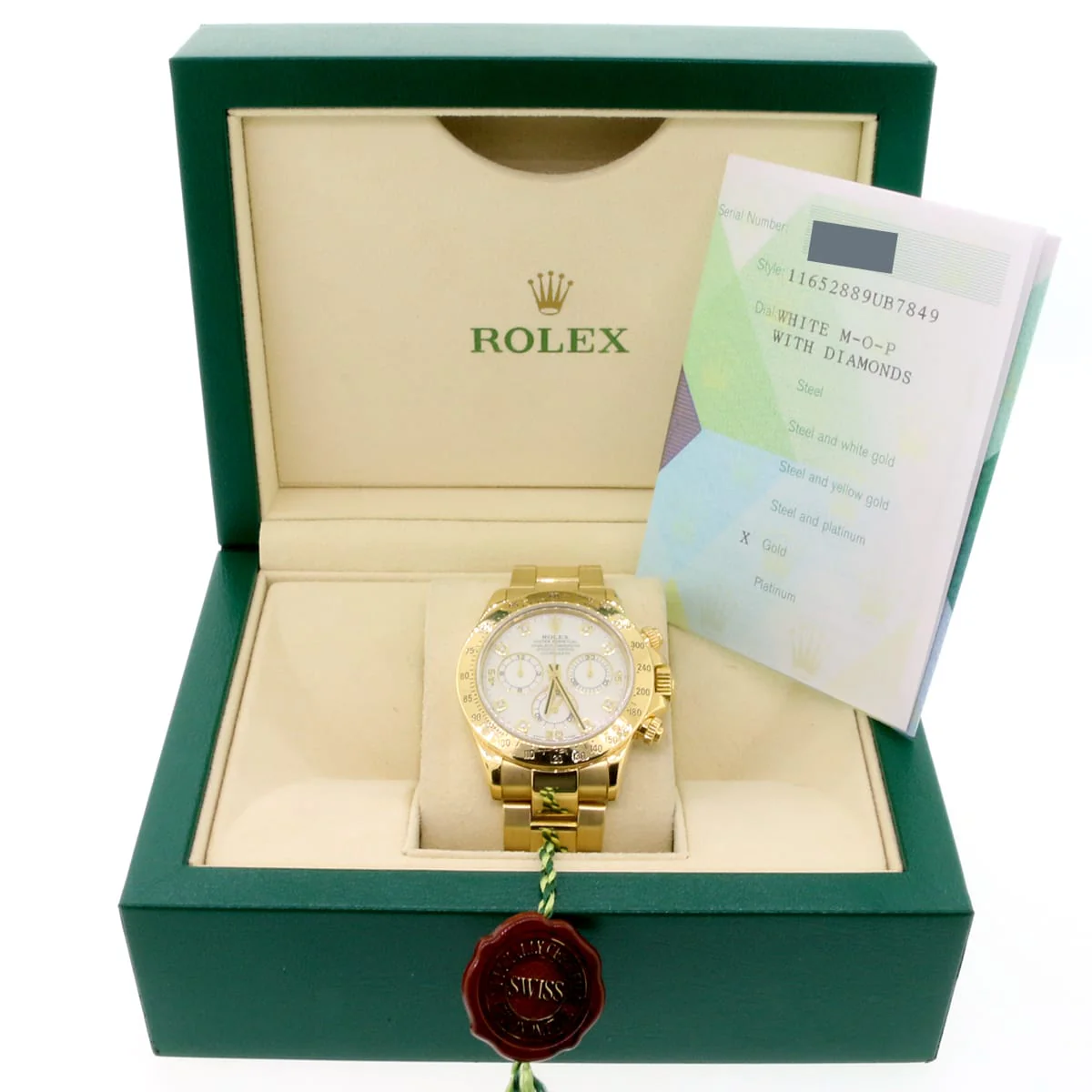 Rolex Cosmograph Daytona 18K Yellow Gold Factory White MOP Diamond Dial 40MM Automatic Mens Oyster Watch 116528 w/BoxPapers - Image 4