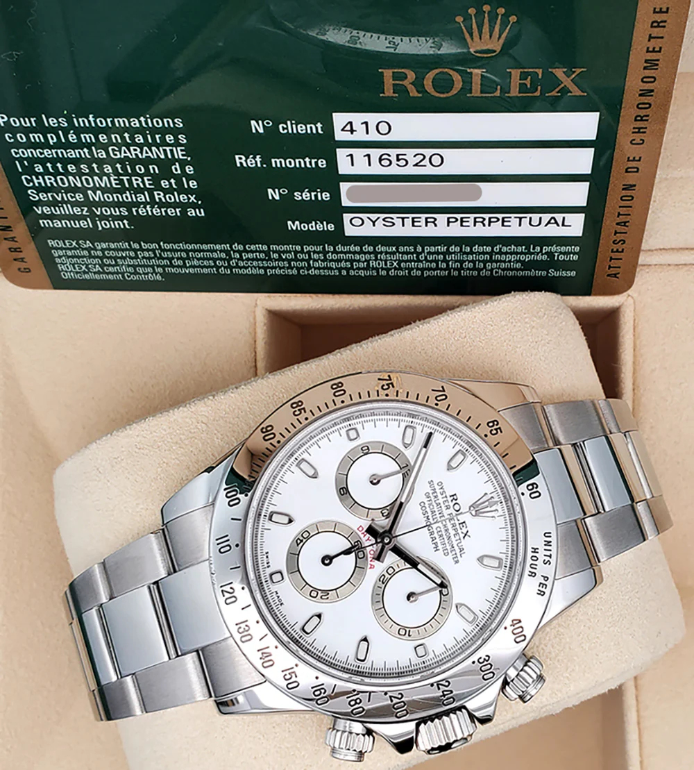 Rolex Cosmograph Daytona 40mm 116520 White Dial Steel Watch Box Papers