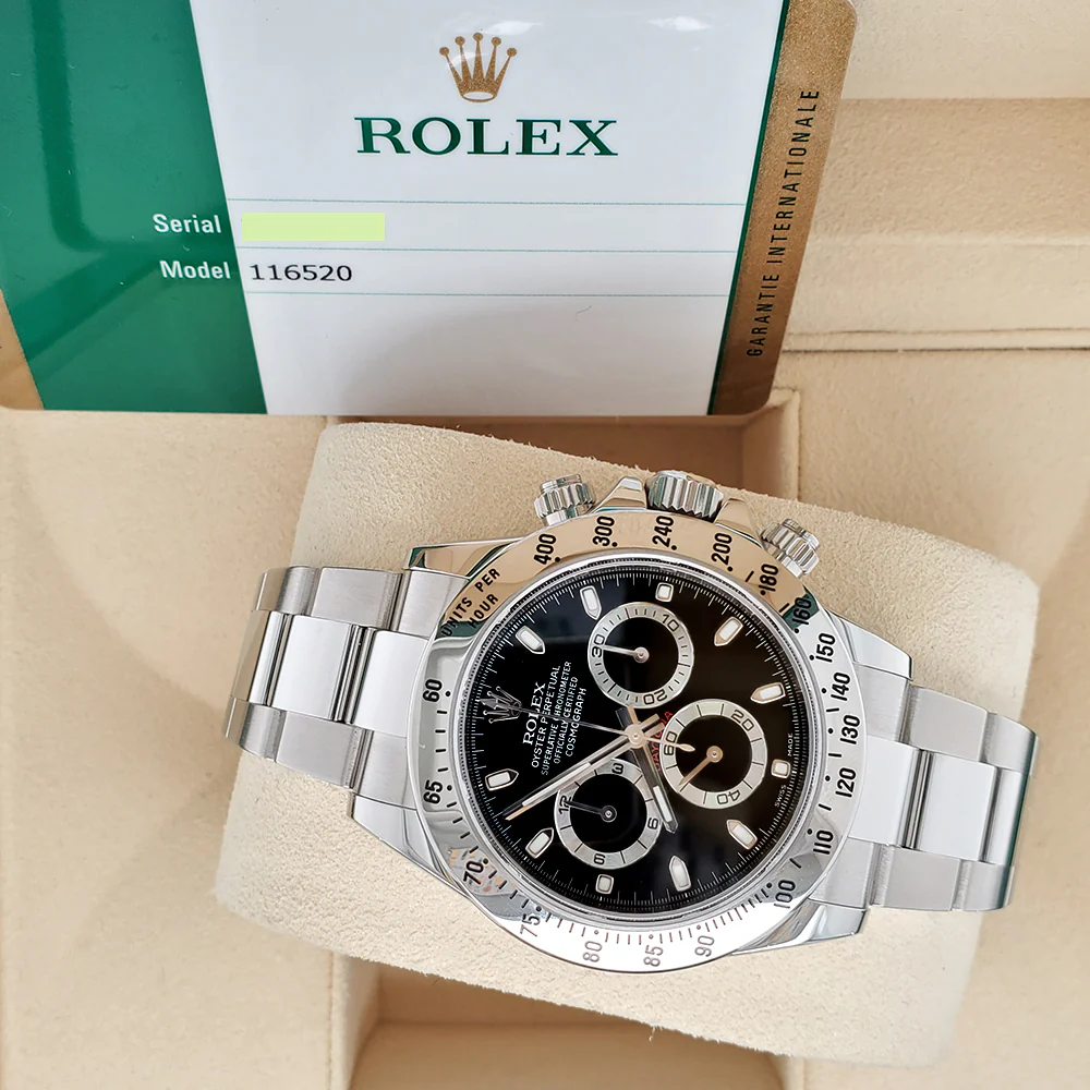 Rolex Cosmograph Daytona 40mm Black Dial Stainless Steel Watch 116520 Box Papers - Image 3