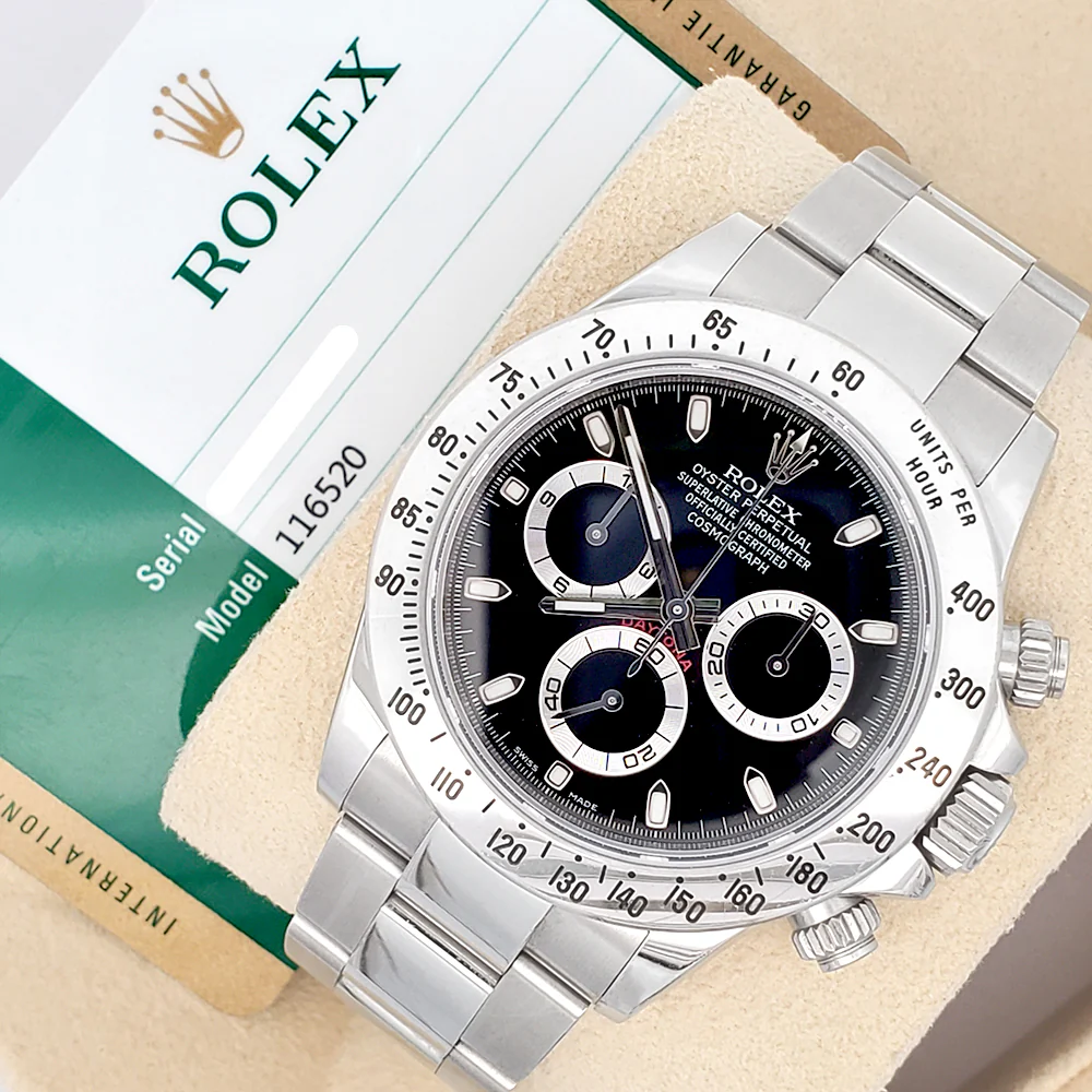 Rolex Cosmograph Daytona Engraved Rehaut 40mm 116520 Black Dial Steel Watch Box Papers - Image 4