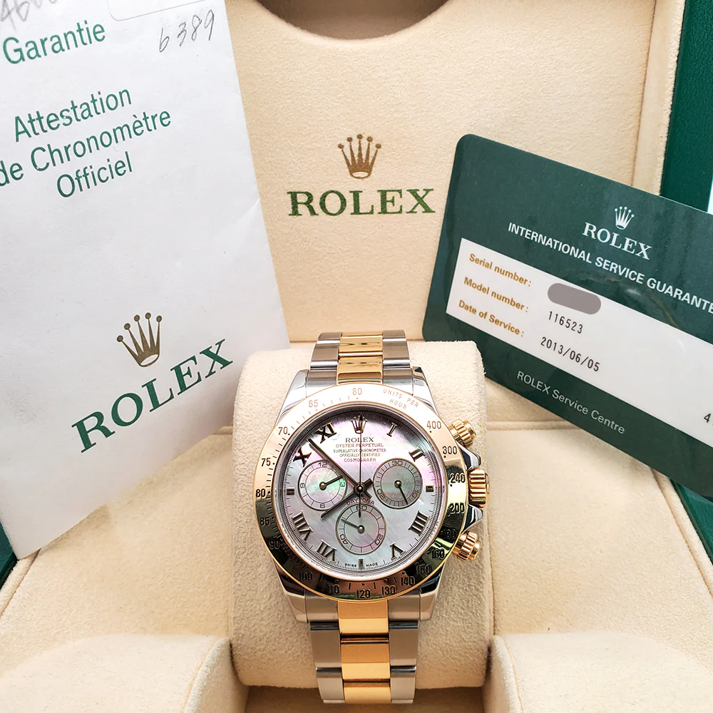 Rolex Cosmograph Daytona Factory Tahitian Mother of Pearl Dial Yellow Gold/ Steel Watch 116523 Box/Papers/Service Papers - Image 4