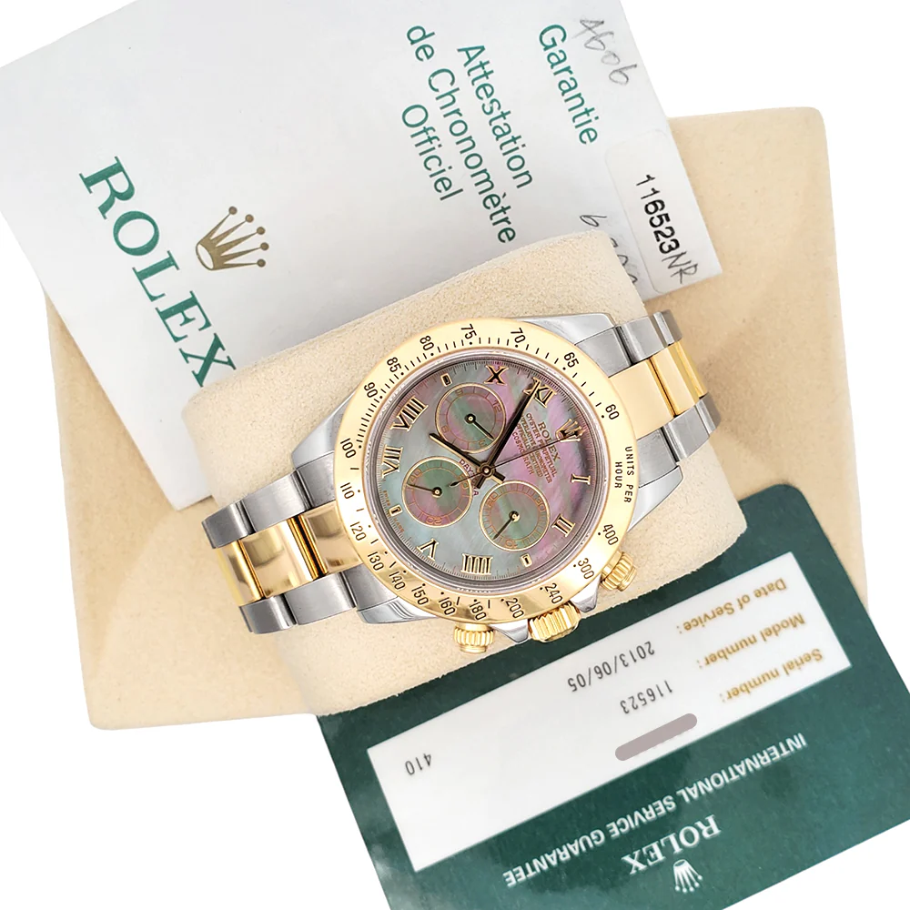 Rolex Cosmograph Daytona Factory Tahitian Mother of Pearl Dial Yellow Gold/ Steel Watch 116523 Box/Papers/Service Papers - Image 5