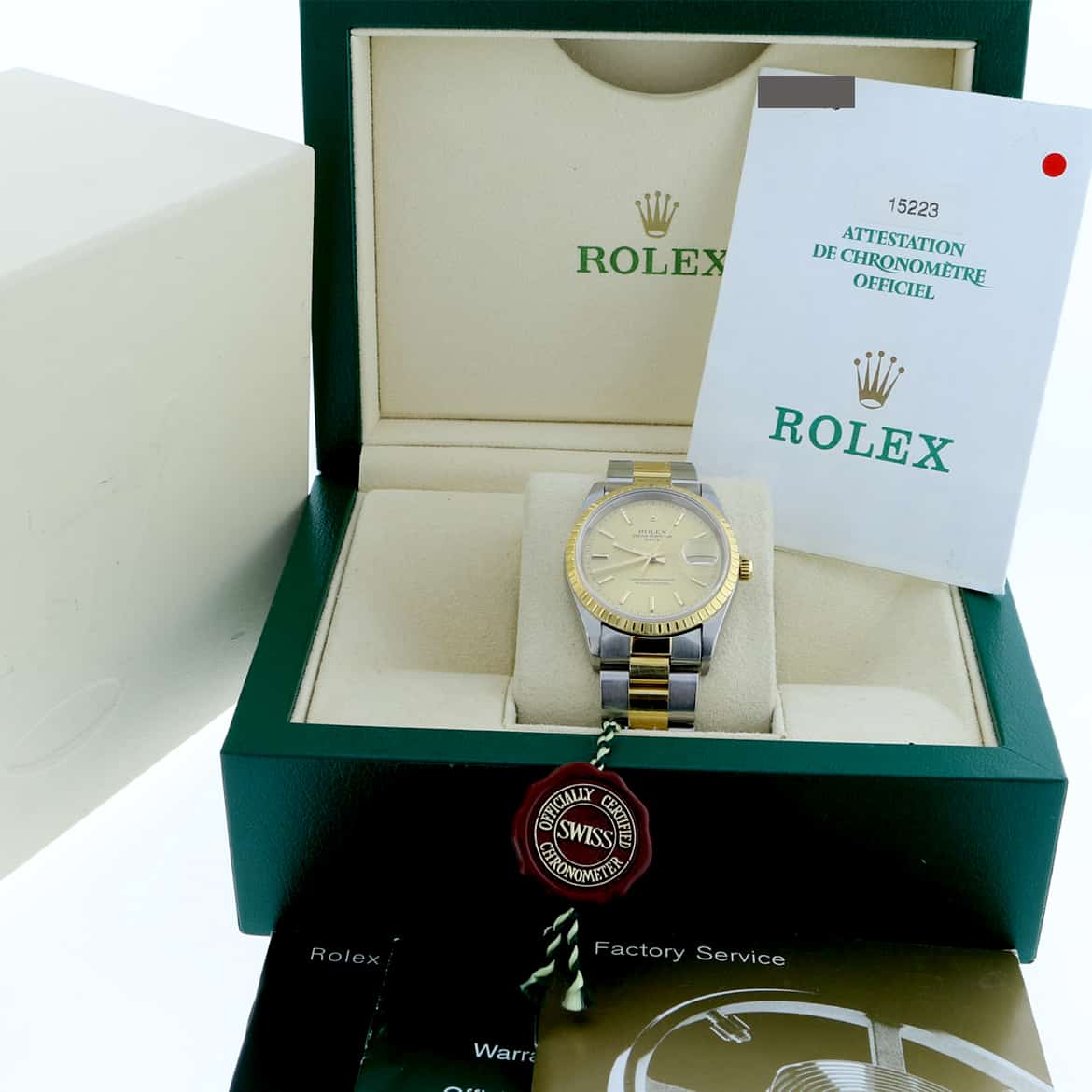 Rolex Date 2-Tone 18K Yellow Gold & Stainless Steel Original Champagne Dial 36MM Automatic Oyster Mens Watch 15223 - Image 3