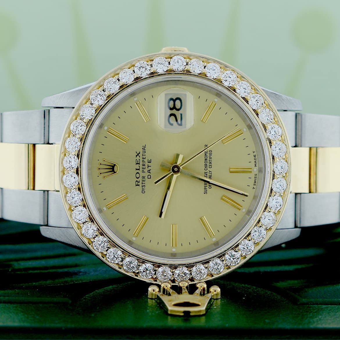 Rolex Date 2-Tone 18K Yellow Gold/Stainless Steel 34MM Original Champagne Index Dial Oyster Watch w/Diamond Bezel - Image 2