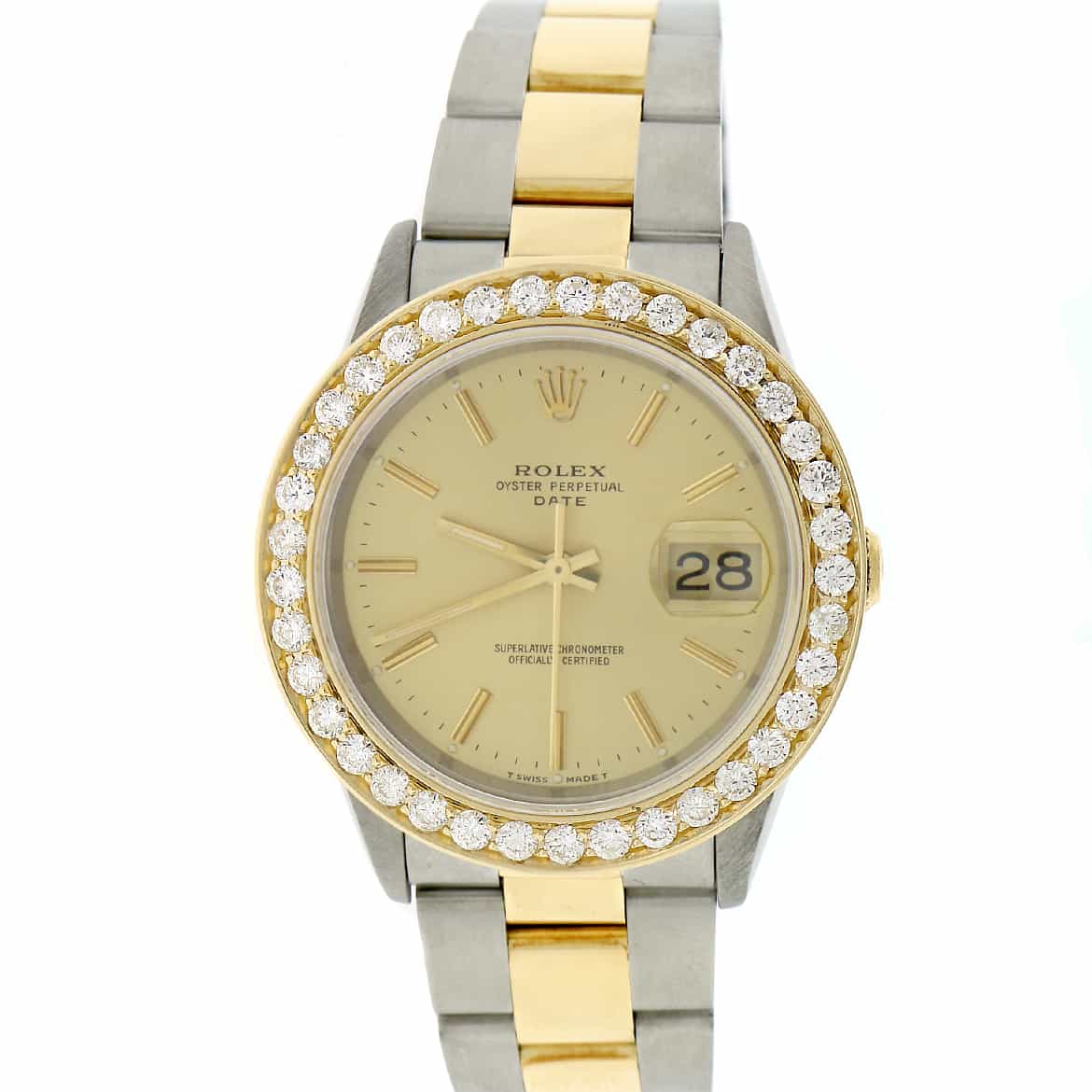 Rolex Date 2-Tone 18K Yellow Gold/Stainless Steel 34MM Original Champagne Index Dial Oyster Watch w/Diamond Bezel - Image 4