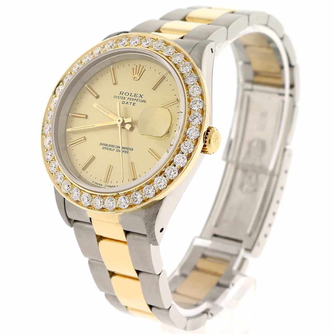 Rolex Date 2-Tone 18K Yellow Gold/Stainless Steel 34MM Original Champagne Index Dial Oyster Watch w/Diamond Bezel - Image 5