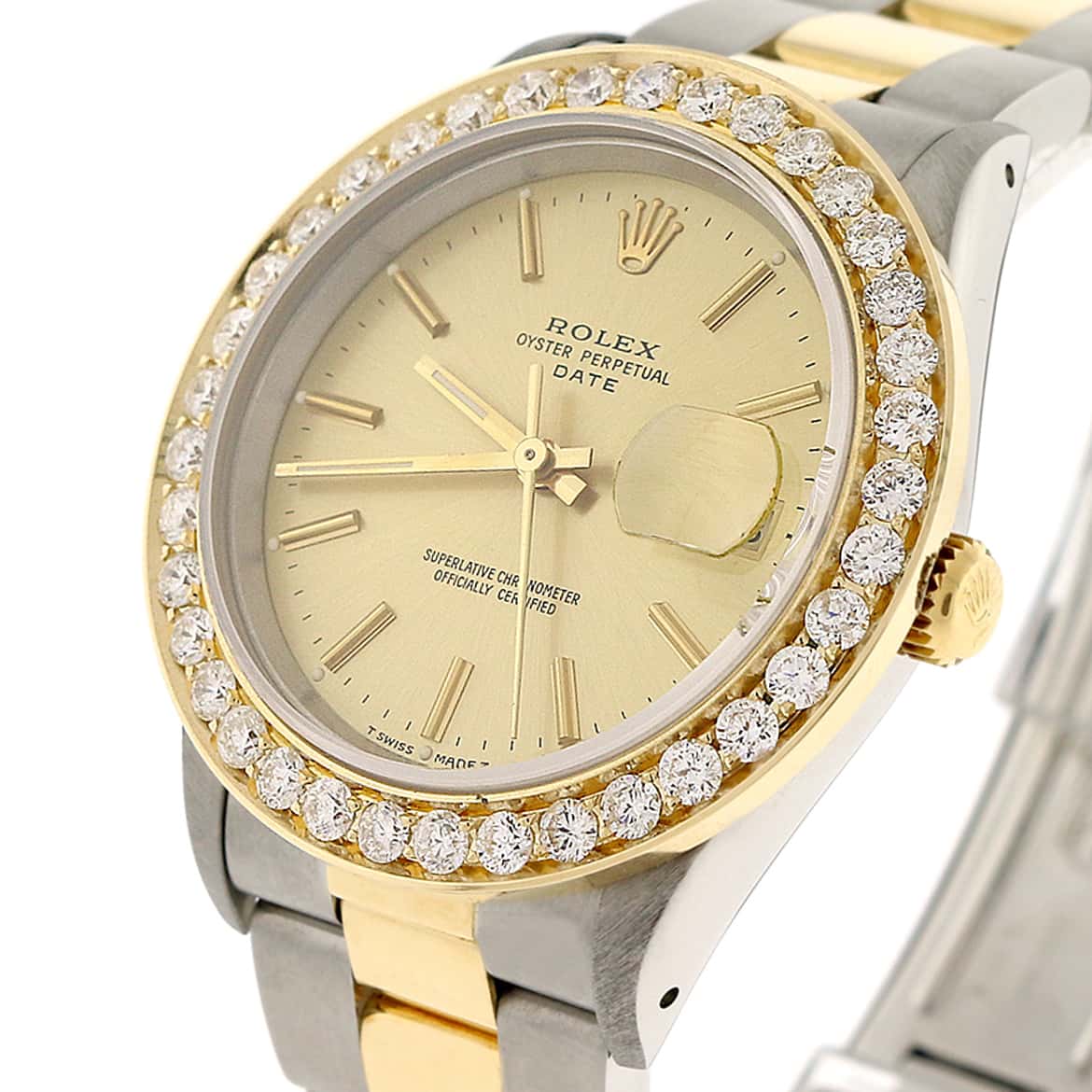 Rolex Date 2-Tone 18K Yellow Gold/Stainless Steel 34MM Original Champagne Index Dial Oyster Watch w/Diamond Bezel - Image 6