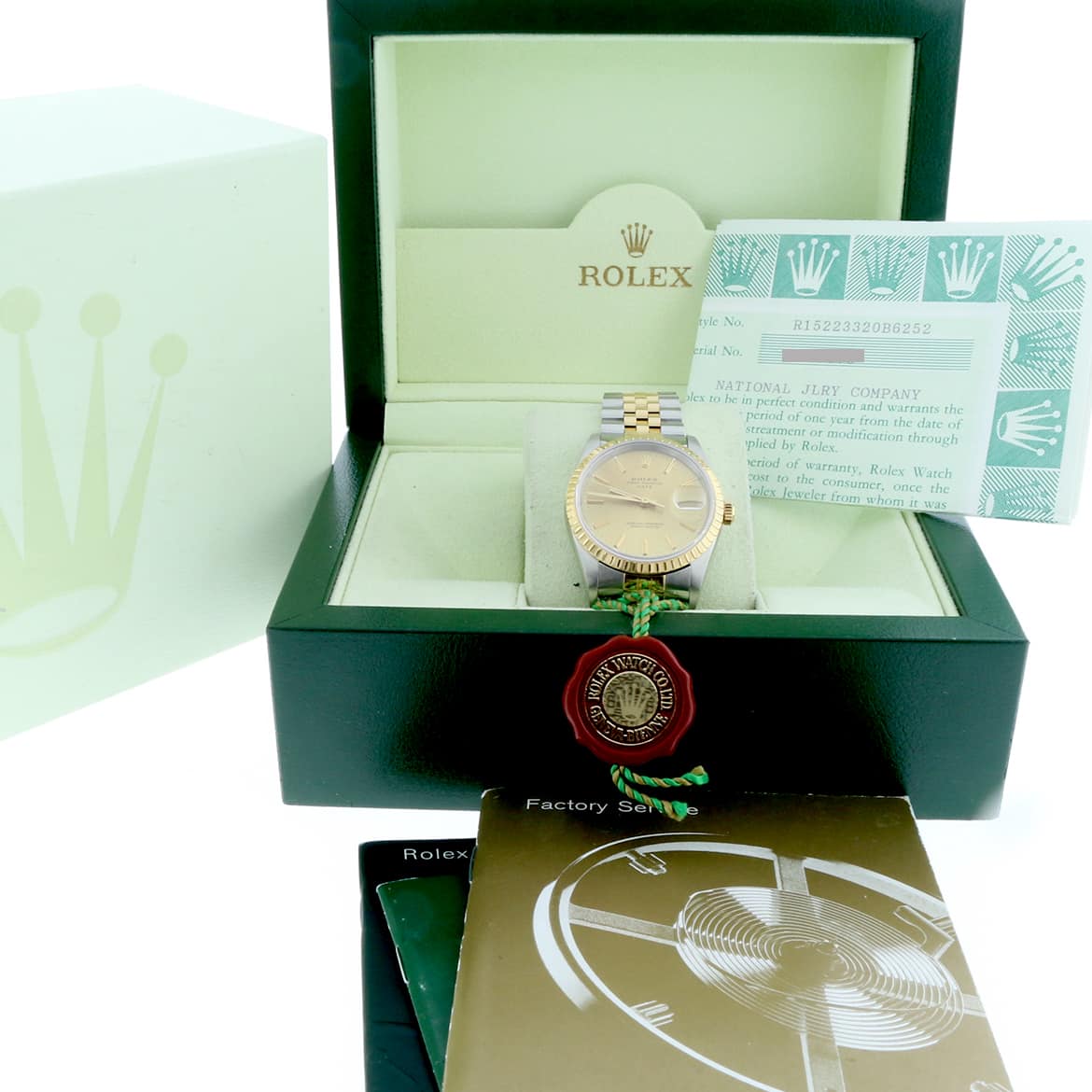Rolex Date 2-Tone 18K Yellow Gold/Stainless Steel 34MM Original Champagne Stick Dial Jubilee Watch 15223 - Image 3