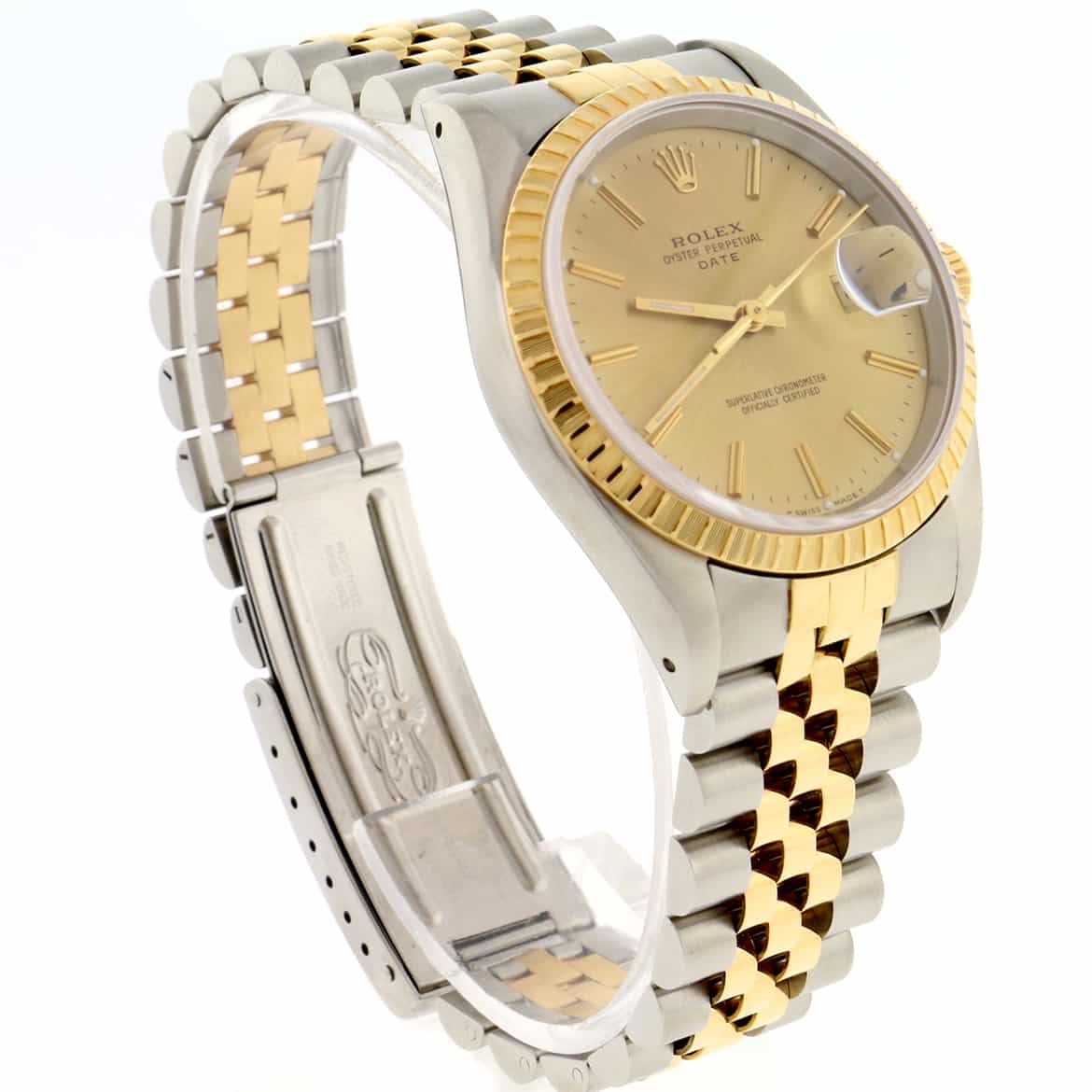 Rolex Date 2-Tone 18K Yellow Gold/Stainless Steel 34MM Original Champagne Stick Dial Jubilee Watch 15223 - Image 4