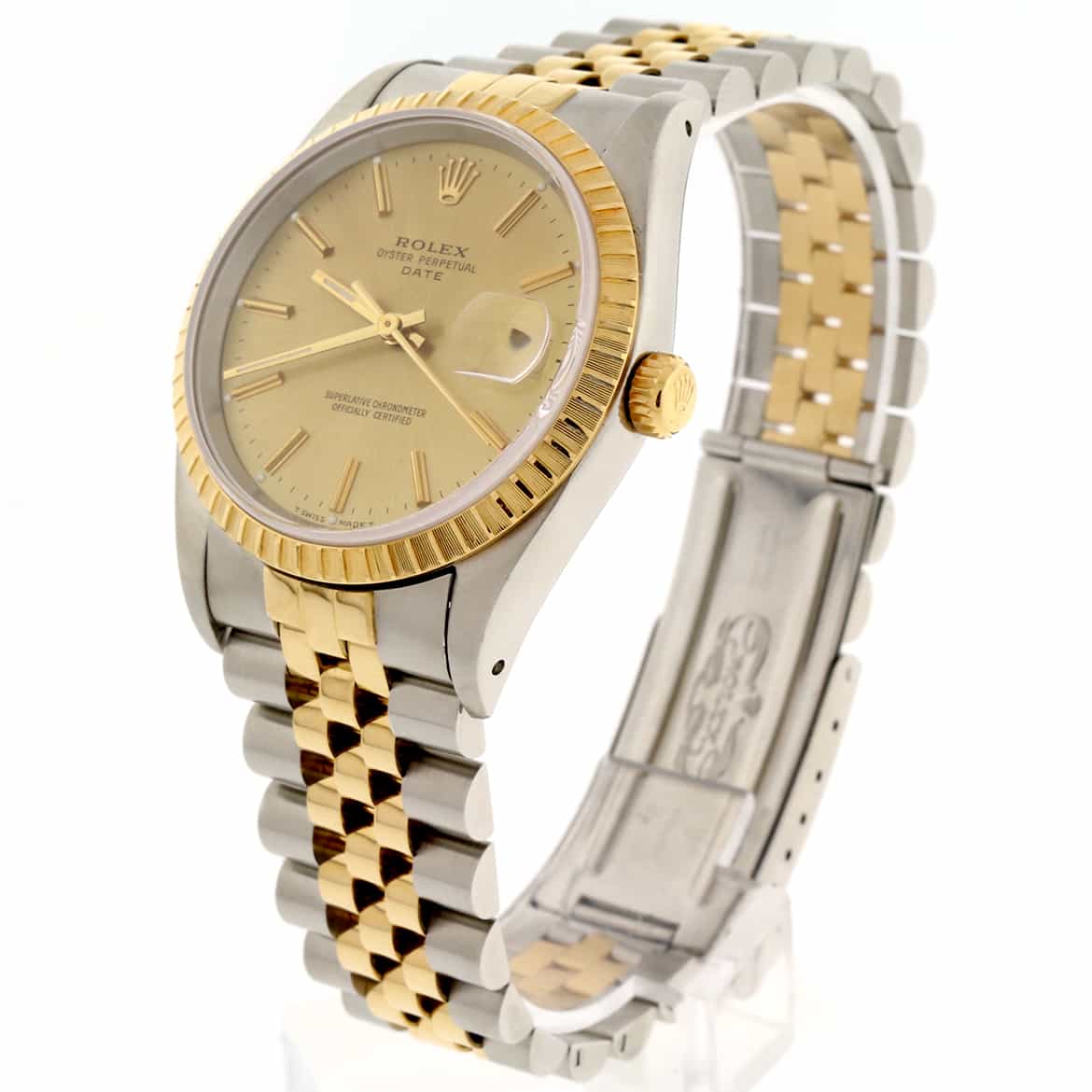 Rolex Date 2-Tone 18K Yellow Gold/Stainless Steel 34MM Original Champagne Stick Dial Jubilee Watch 15223 - Image 5
