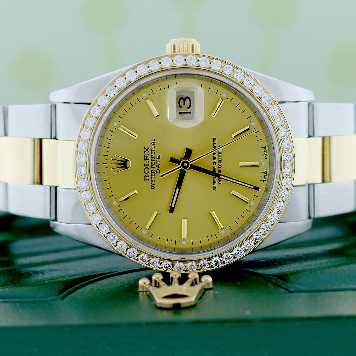 Rolex Date 2-Tone 18K Yellow Gold/Stainless Steel 34MM Original Champagne Index Dial Oyster Watch 15223 w/Diamond Bezel - Image 2