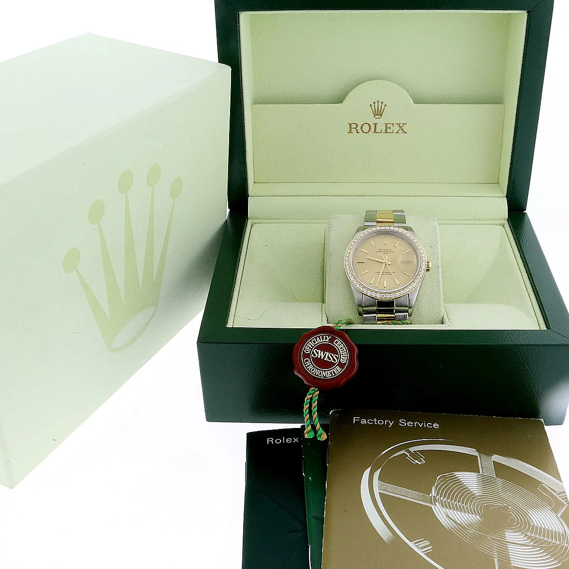 Rolex Date 2-Tone 18K Yellow Gold/Stainless Steel 34MM Original Champagne Index Dial Oyster Watch 15223 w/Diamond Bezel - Image 3
