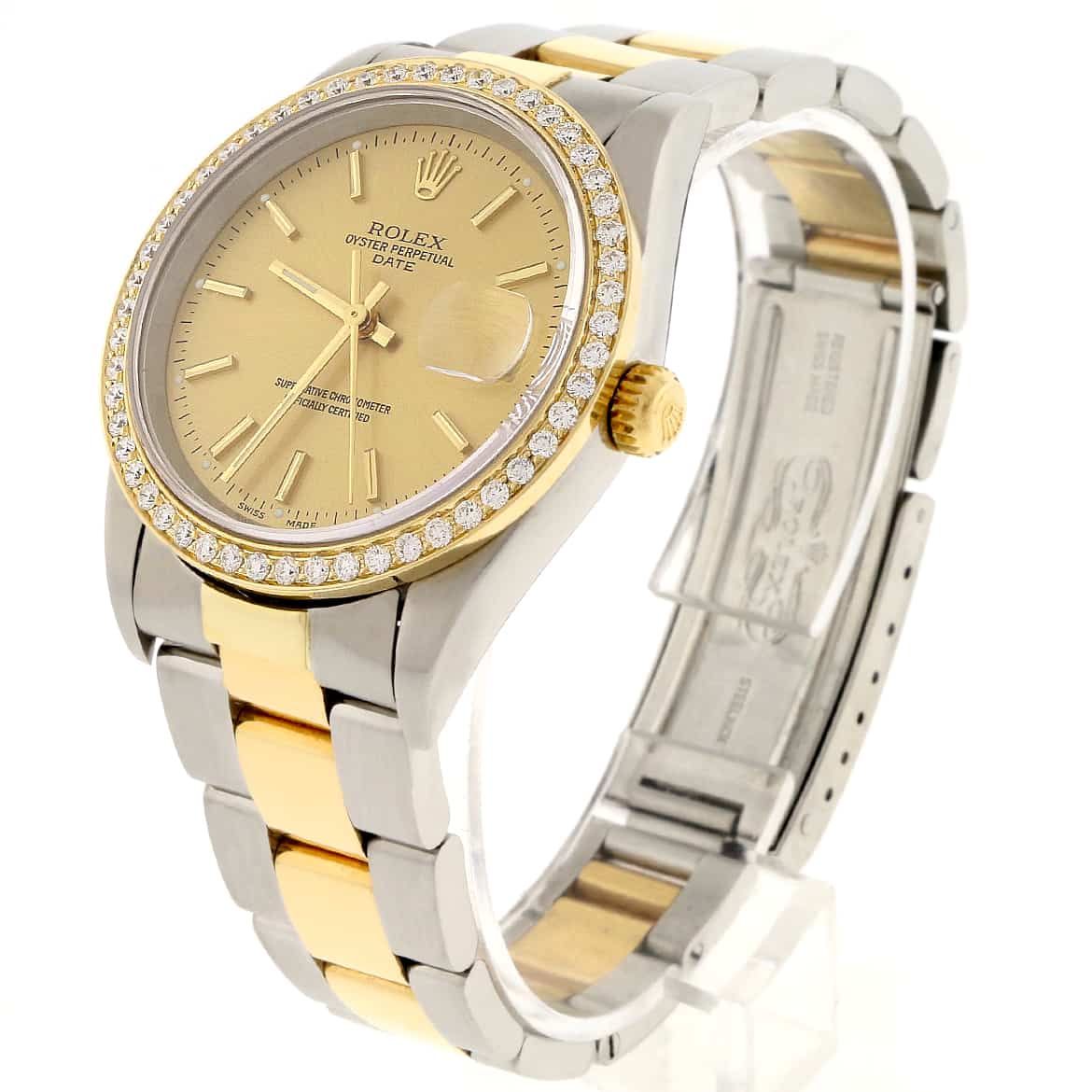 Rolex Date 2-Tone 18K Yellow Gold/Stainless Steel 34MM Original Champagne Index Dial Oyster Watch 15223 w/Diamond Bezel - Image 4