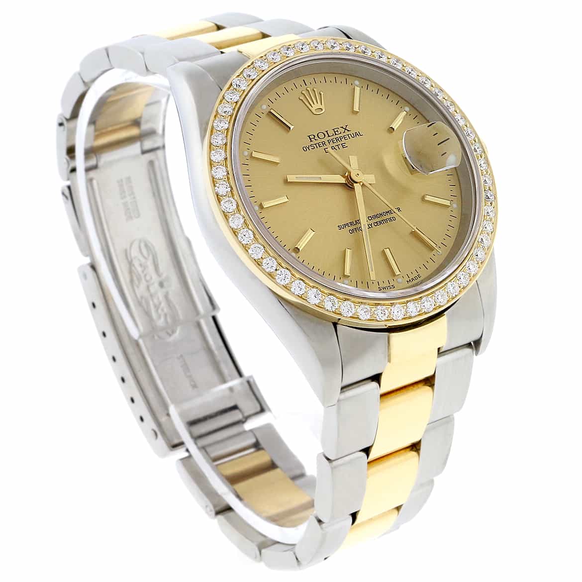 Rolex Date 2-Tone 18K Yellow Gold/Stainless Steel 34MM Original Champagne Index Dial Oyster Watch 15223 w/Diamond Bezel - Image 5