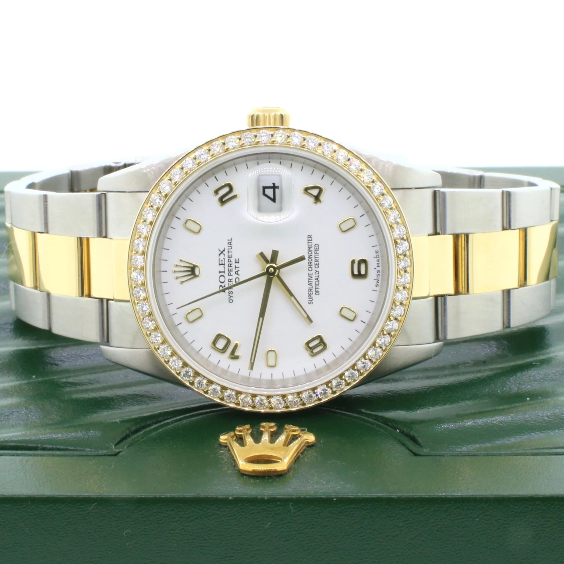 Rolex Date 2-Tone Yellow Gold/Steel 34MM White Dial Oyster Watch 15203 w/Diamond Bezel - Image 4