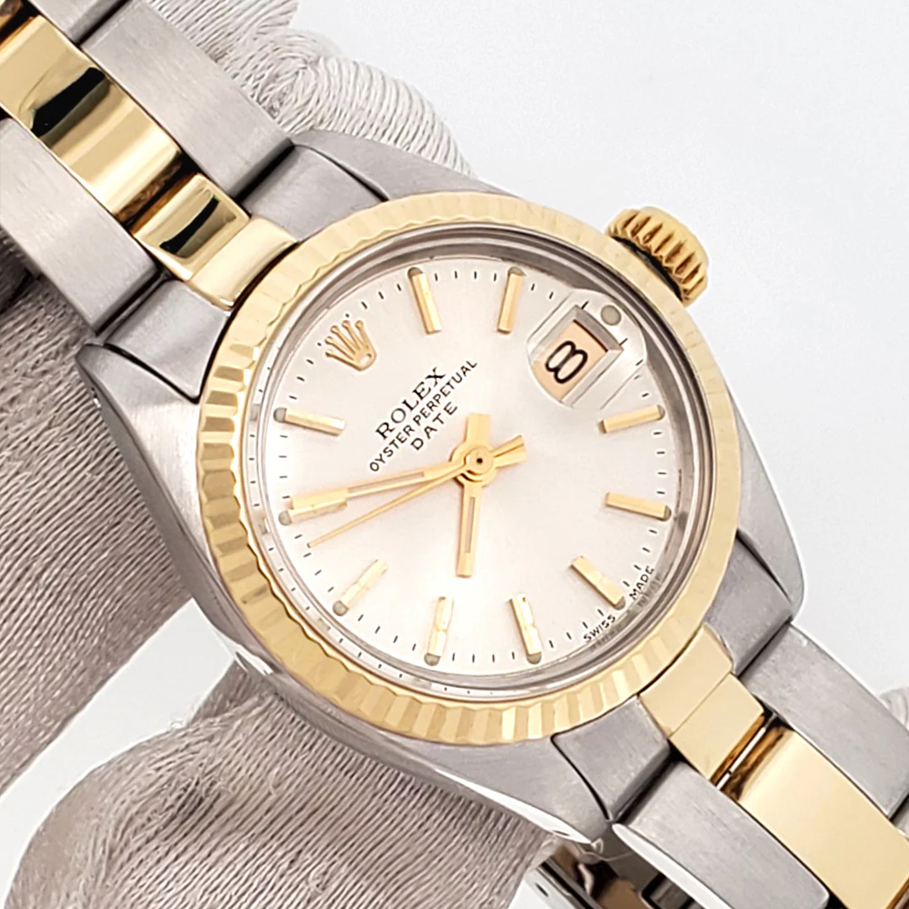 Rolex Date 26mm 2-Tone Yellow Gold/Steel Silver Index Dial Oyster Watch 6917 Papers - Image 2