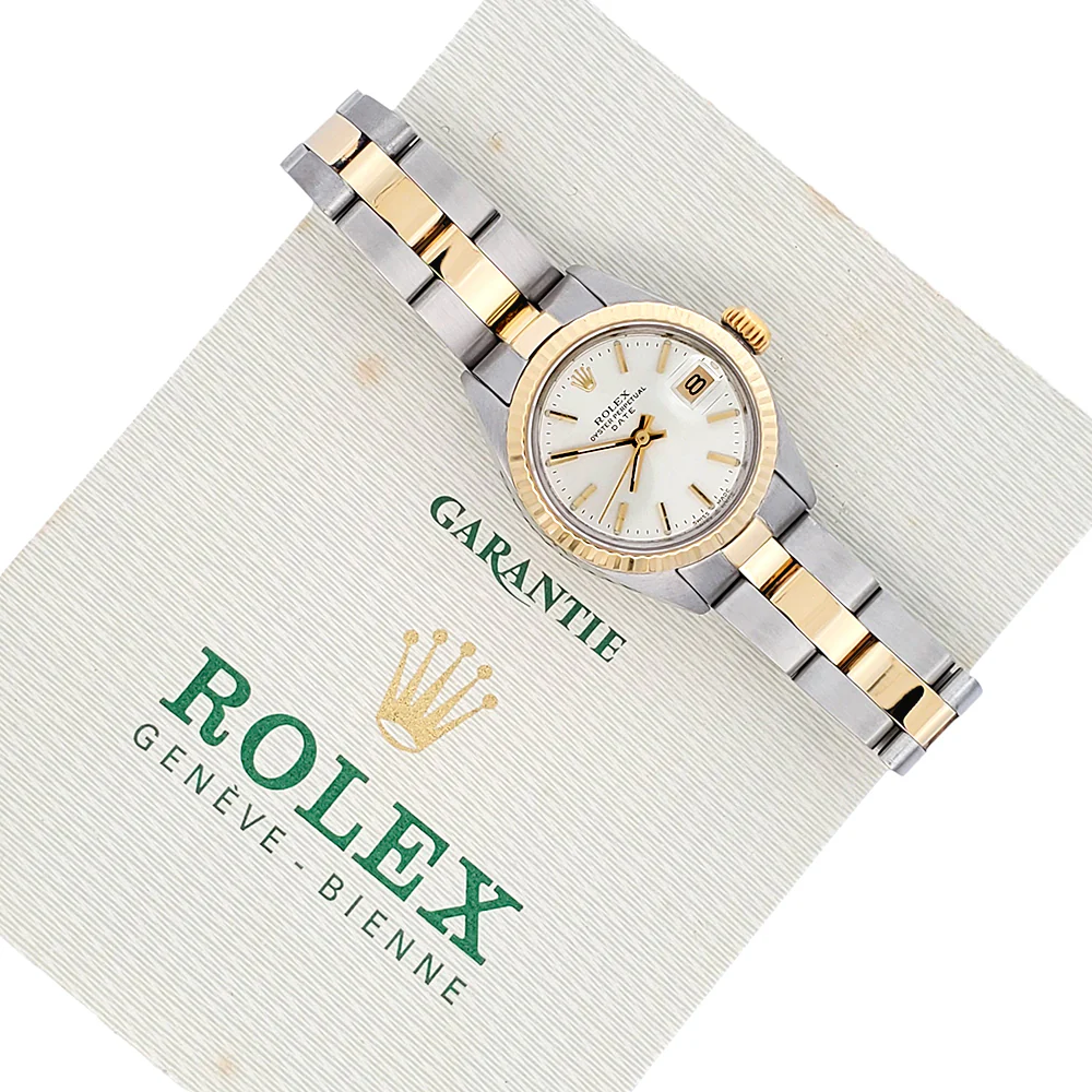 Rolex Date 26mm 2-Tone Yellow Gold/Steel Silver Index Dial Oyster Watch 6917 Papers - Image 3