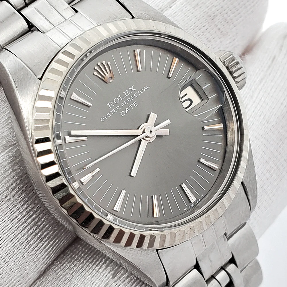 Rolex Date 26mm Gray Fluted Bezel Steel Watch 6917 - Image 2