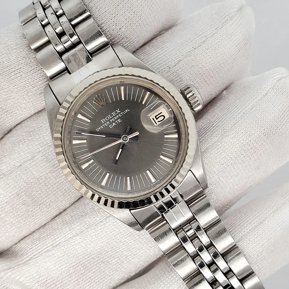 Rolex Date 26mm Gray Fluted Bezel Steel Watch 6917 - Image 3