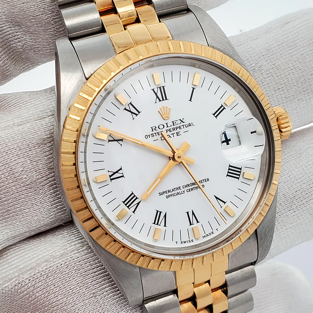 Rolex Date 34mm 15053 Vintage White Roman Dial Yellow Gold/Steel Jubilee Watch Box Papers