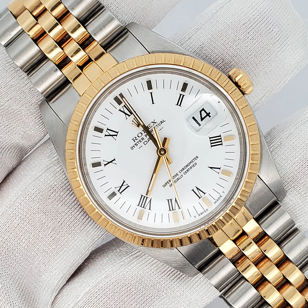 Rolex Date 34mm 15053 Vintage White Roman Dial Yellow Gold/Steel Jubilee Watch Box Papers - Image 3