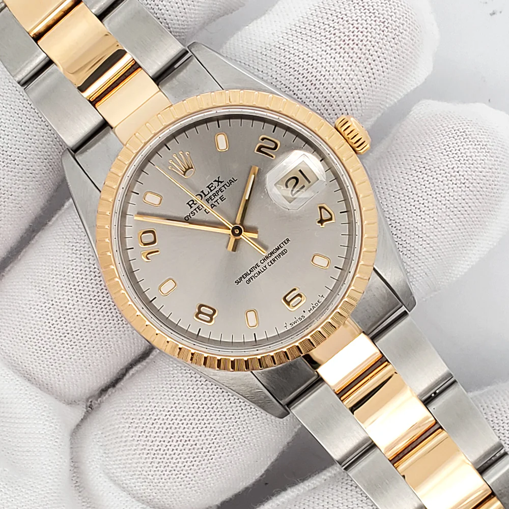 Rolex Date 34mm 2-Tone Slate Arabic Dial Yellow Gold/Steel Oyster 15223 Watch - Image 3