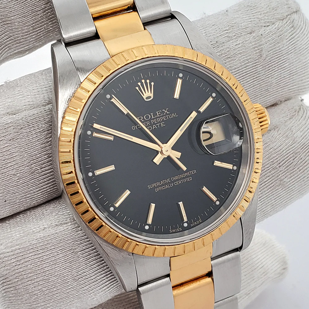 Rolex Date 34mm 2-Tone Yellow Gold/ Stainless Steel Black Dial Oyster 15223 Watch - Image 2