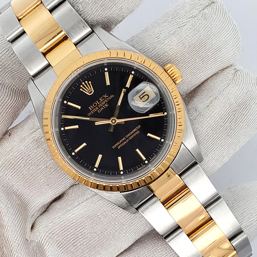 Rolex Date 34mm 2-Tone Yellow Gold/ Stainless Steel Black Dial Oyster 15223 Watch - Image 3