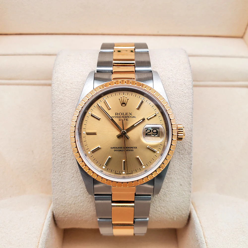 Rolex Date 34mm 2-Tone Yellow Gold/ Stainless Steel Champagne Dial Oyster 15223 Watch - Image 3