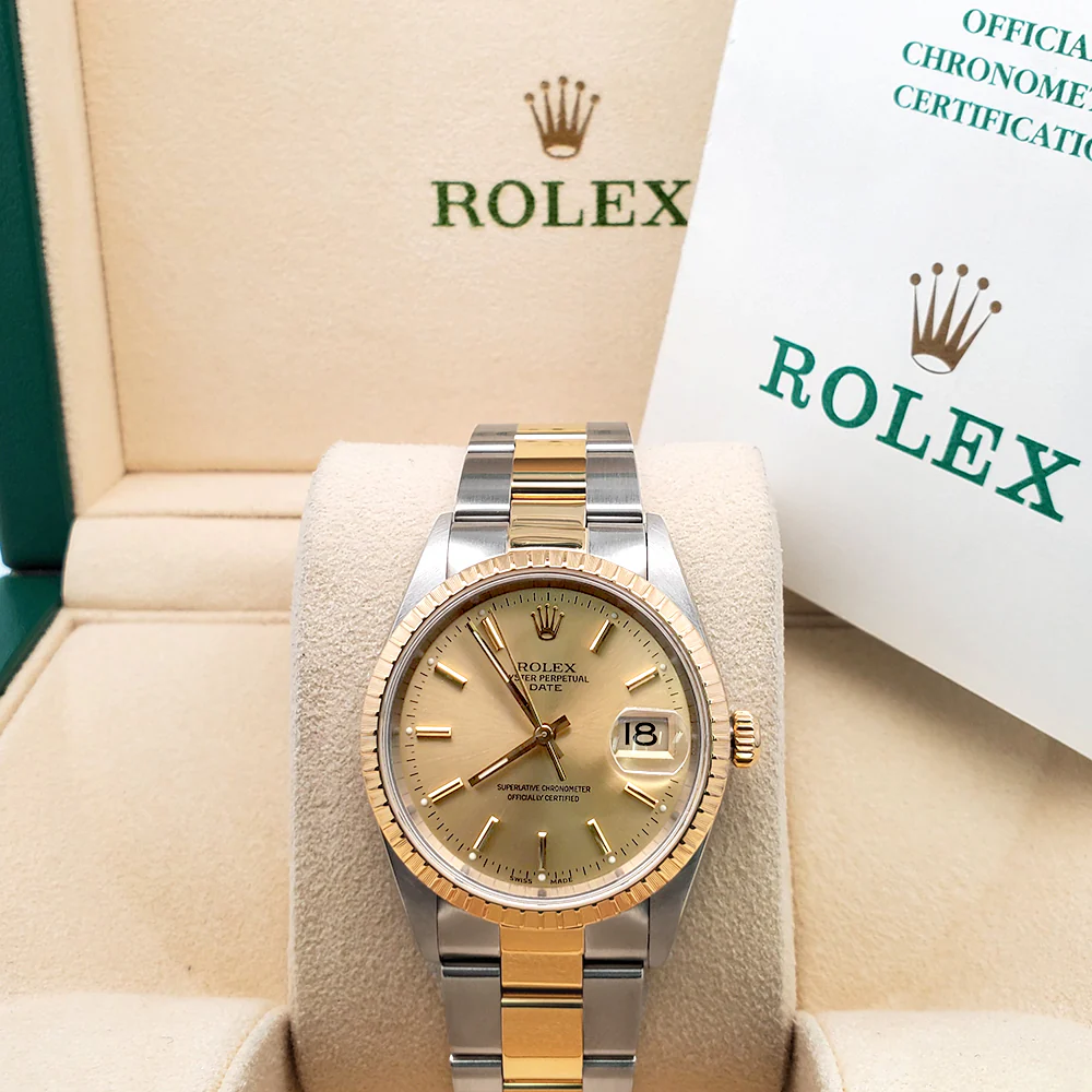 Rolex Date 34mm 2-Tone Yellow Gold/Steel Champagne Dial Oyster 15223 Watch Box Papers - Image 3