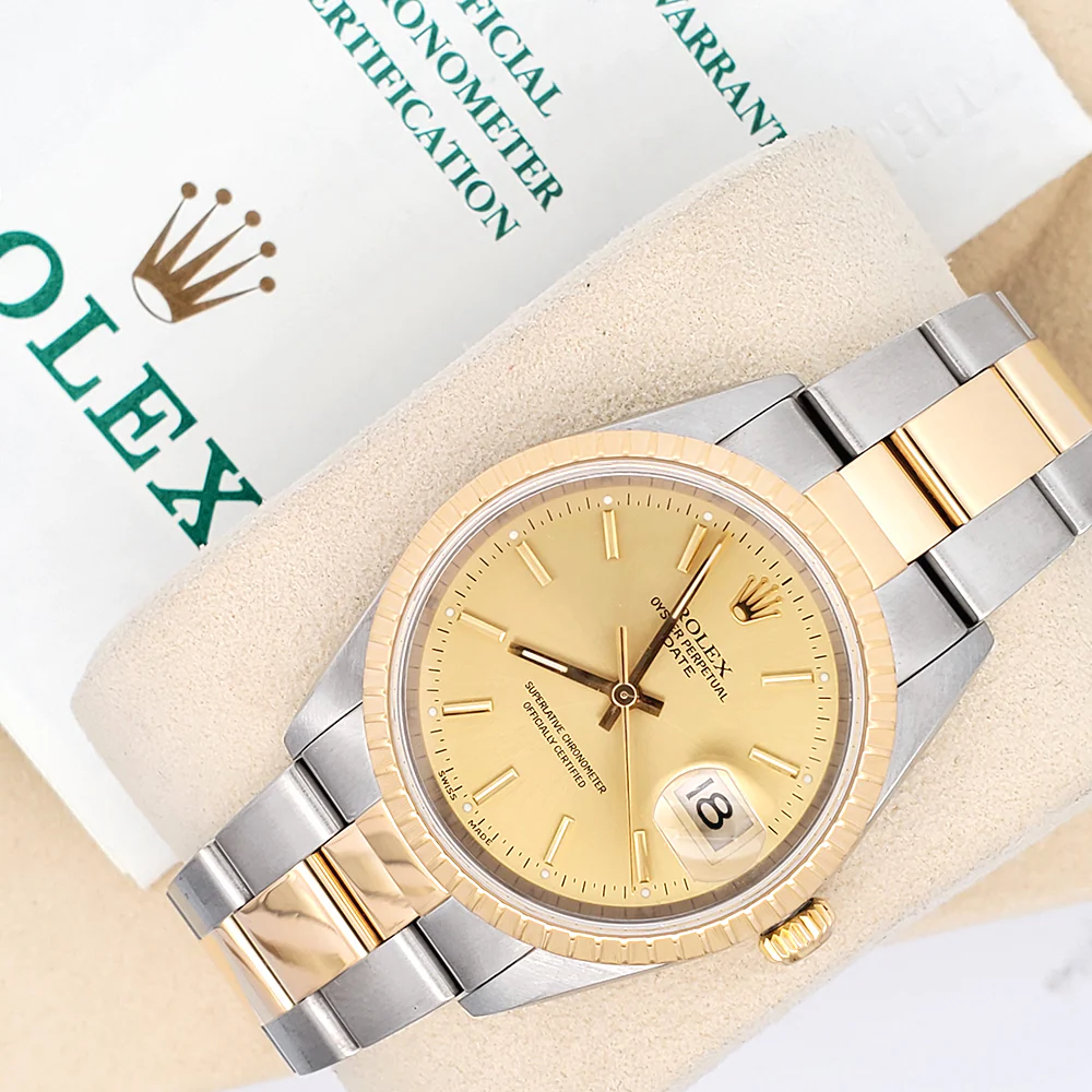 Rolex Date 34mm 2-Tone Yellow Gold/Steel Champagne Dial Oyster 15223 Watch Box Papers - Image 4