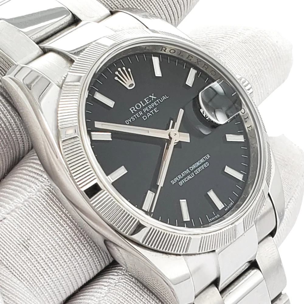 Rolex Date 34mm Black Dial Oyster Bracelet Steel Watch Box Papers 115210