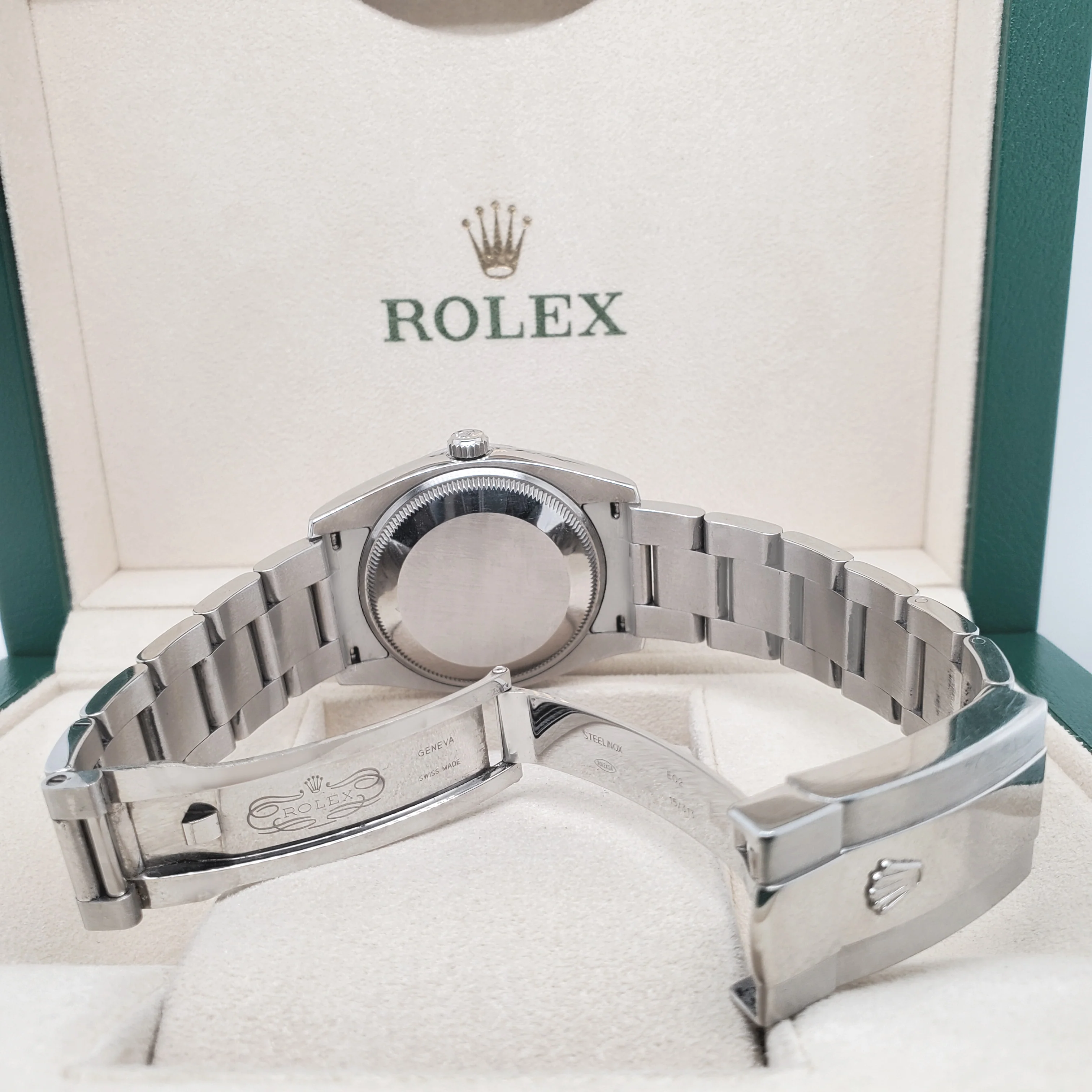Rolex Date 34mm Black Dial Oyster Bracelet Steel Watch Box Papers 115210 - Image 5