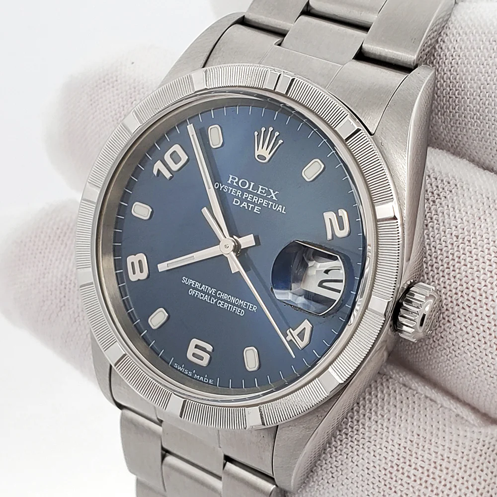 Rolex Date 34mm Blue Arabic Dial Engine Turned Bezel Steel Oyster Watch 15210