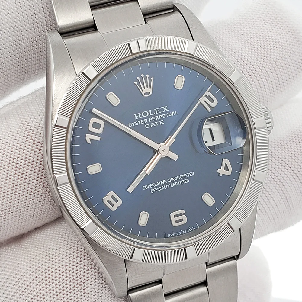Rolex Date 34mm Blue Arabic Dial Engine Turned Bezel Steel Oyster Watch 15210 - Image 2