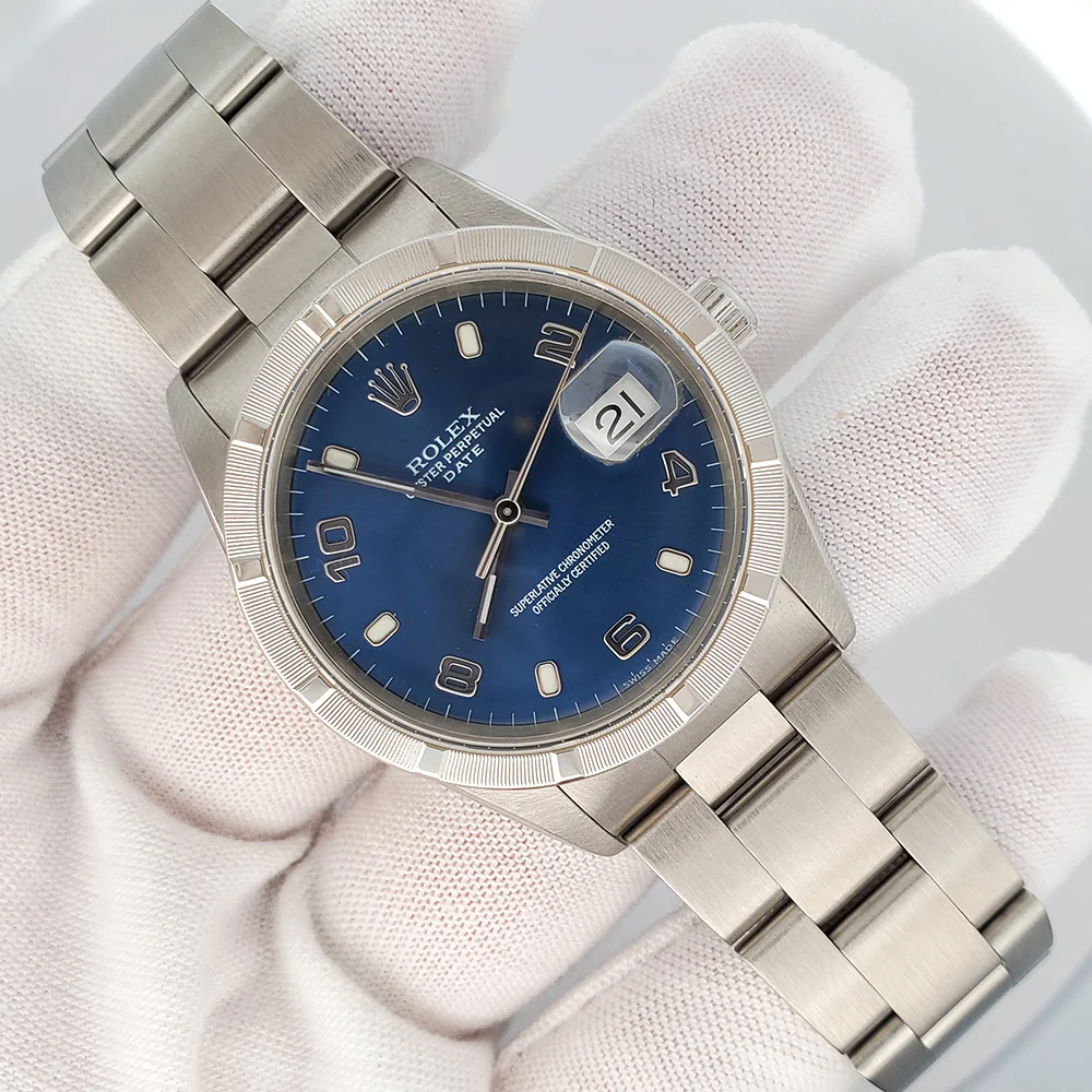 Rolex Date 34mm Blue Arabic Dial Engine Turned Bezel Steel Oyster Watch 15210 - Image 3